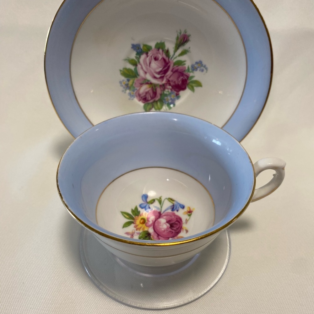 Taylor & Kent Bone China Porcelain Tea Cup and Saucer Set Blue, Gold, Flowers